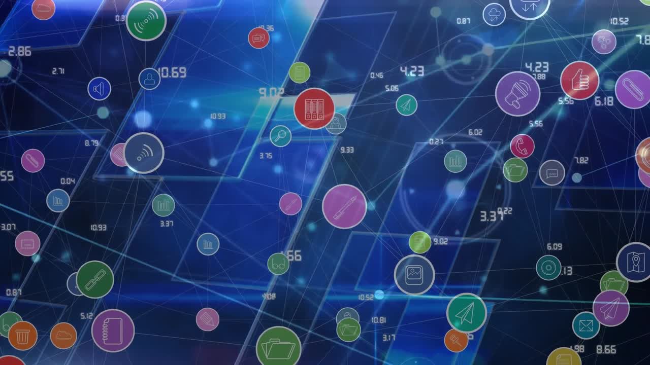 검은색 배경의 모양 위에 아이콘으로 연결된 네트워크의 애니메이션