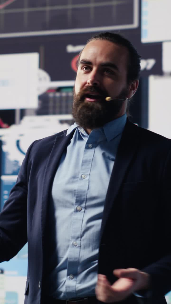 Vertical Video Public speaker CEO hosting business presentation to share a vision