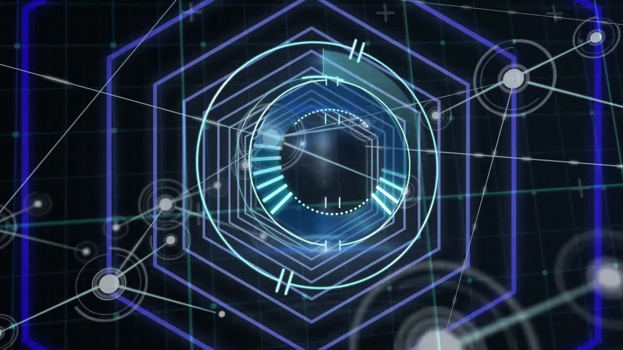 animación del escaneo del alcance sobre hexágonos y redes de conexiones con puntos brillantes