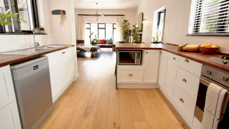 kitchen interior with clean countertops at home, slow motion