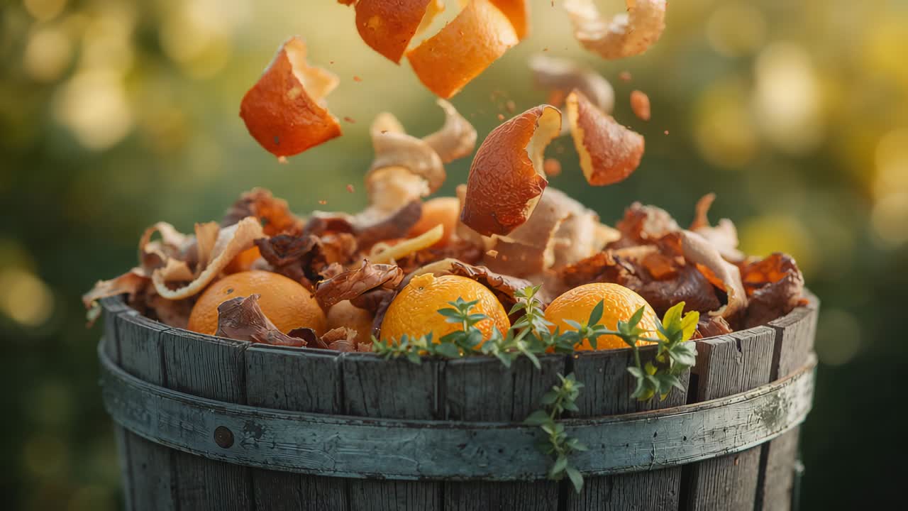 Cascas e fatias de laranja caindo e pousando sobre um barril de madeira em um jardim, cobrindo laranjas e tomilho