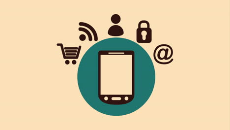 mobile phone with shopping cart, wifi, user, and email icons