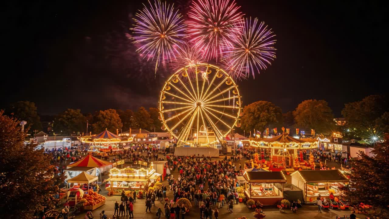 Night Fair with Ferris Wheel and Fireworks