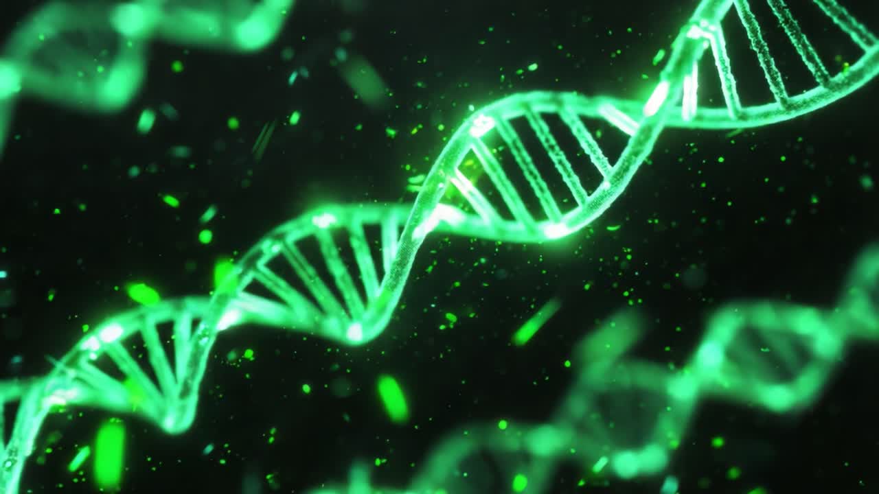 Scientific visualization of a green DNA double helix structure rotating with glowing particles against a dark background, representing genetic research, biotechnology, and medical innovation