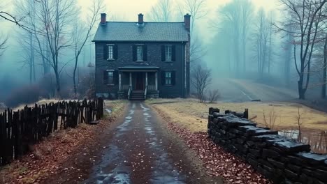 a house in the middle of a foggy field with a fence and a dirt road