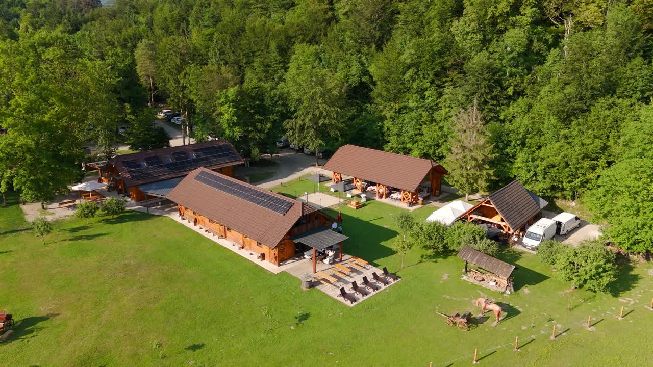 Ecological wedding property with solar panels. Aerial view