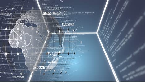animation of rotating cube and globe with data processing over dark blue background