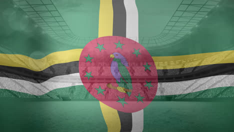 animación de la bandera de dominica ondeando sobre el estadio deportivo