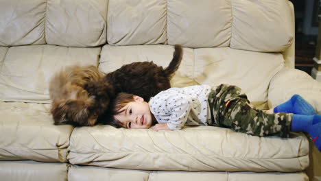 an asian toddler is playing with two puppies on the couch. children and their pets concept