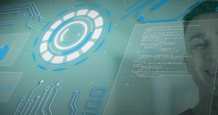 HUD ring animating at edge starting tracings code panel sliding in beside man monitoring technology