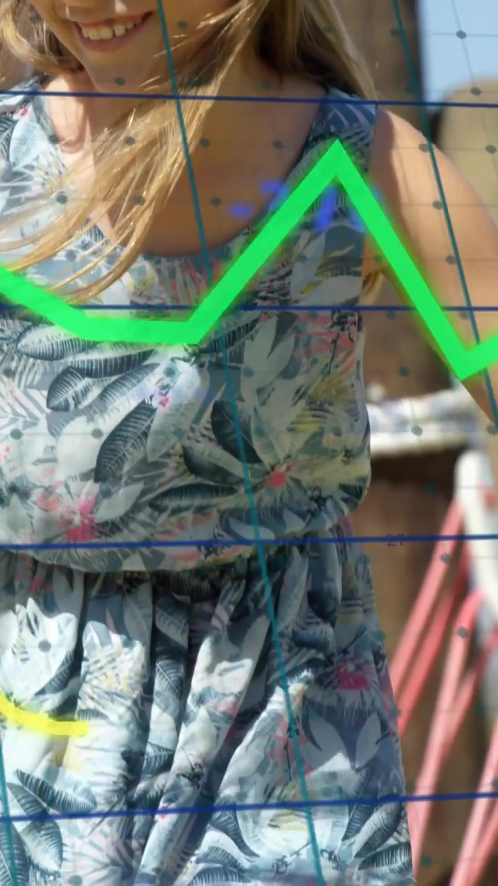 Vertical video: Pullback revealing girl grasping rope and stepping grid zigzag tracing education