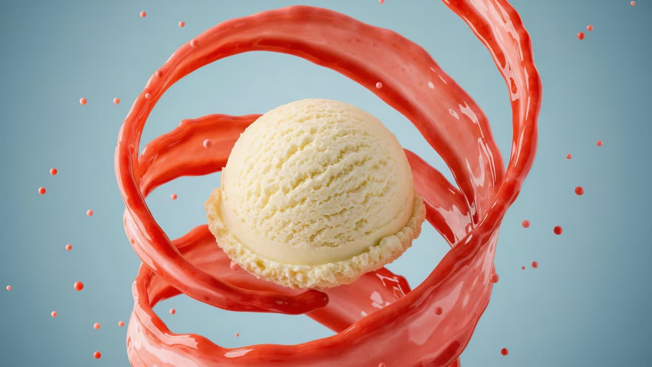 A Whimsical Swirl of Creamy Vanilla Ice Cream Surrounded by Vibrant Strawberry Sauce, Capturing the Essence of Sweetness and Indulgence in a Delightful Animation