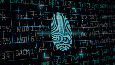 Animation-of-biometric-fingerprint-and-financial-data-processing-over-dark-background