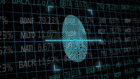 animación de huellas dactilares biométricas y procesamiento de datos financieros sobre un fondo oscuro