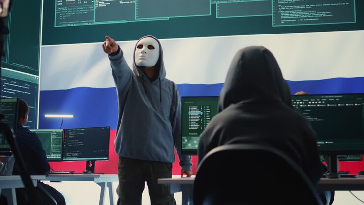Anonymous person with mask asks for ransom in Russian governmental hacking room