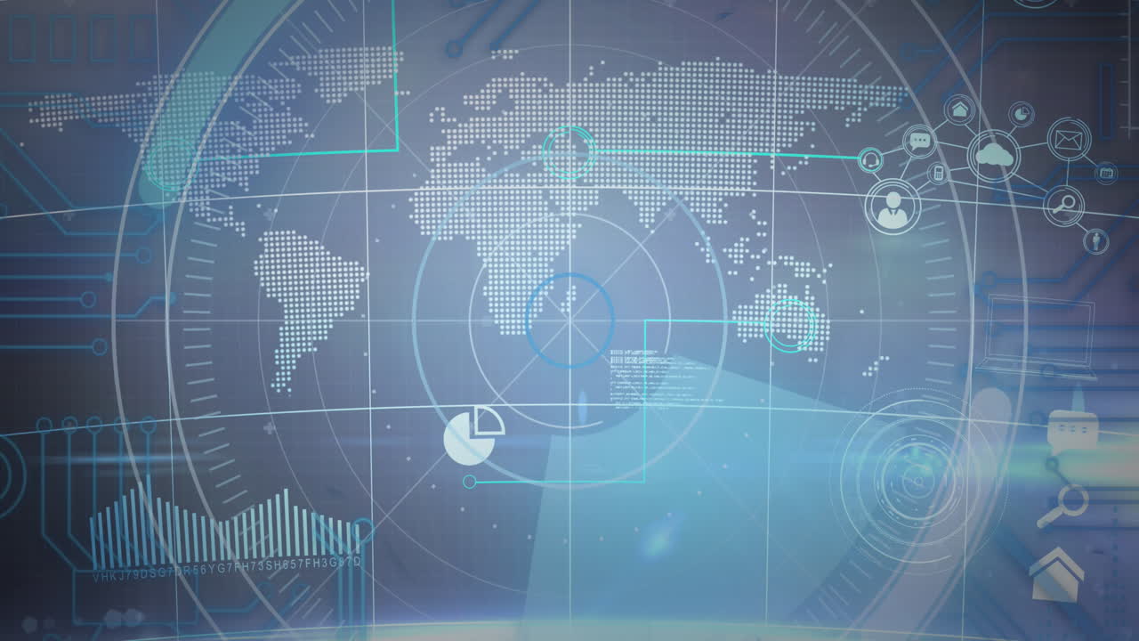 디지털 아이콘과 파란색 배경의 세계 지도 위에 둥근 스캐너