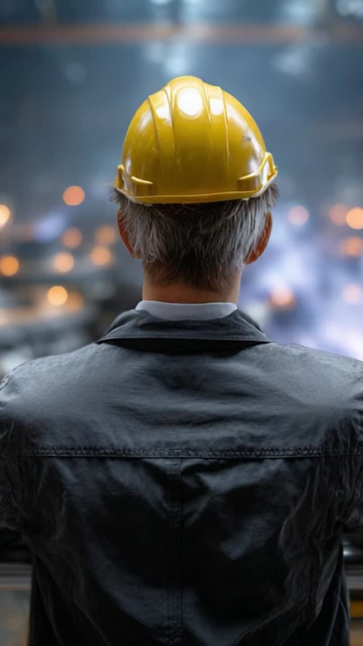 Operaio con elmetto giallo osserva un ambiente industriale, sottolineando la sicurezza e la responsabilità in contesti di produzione o di costruzione