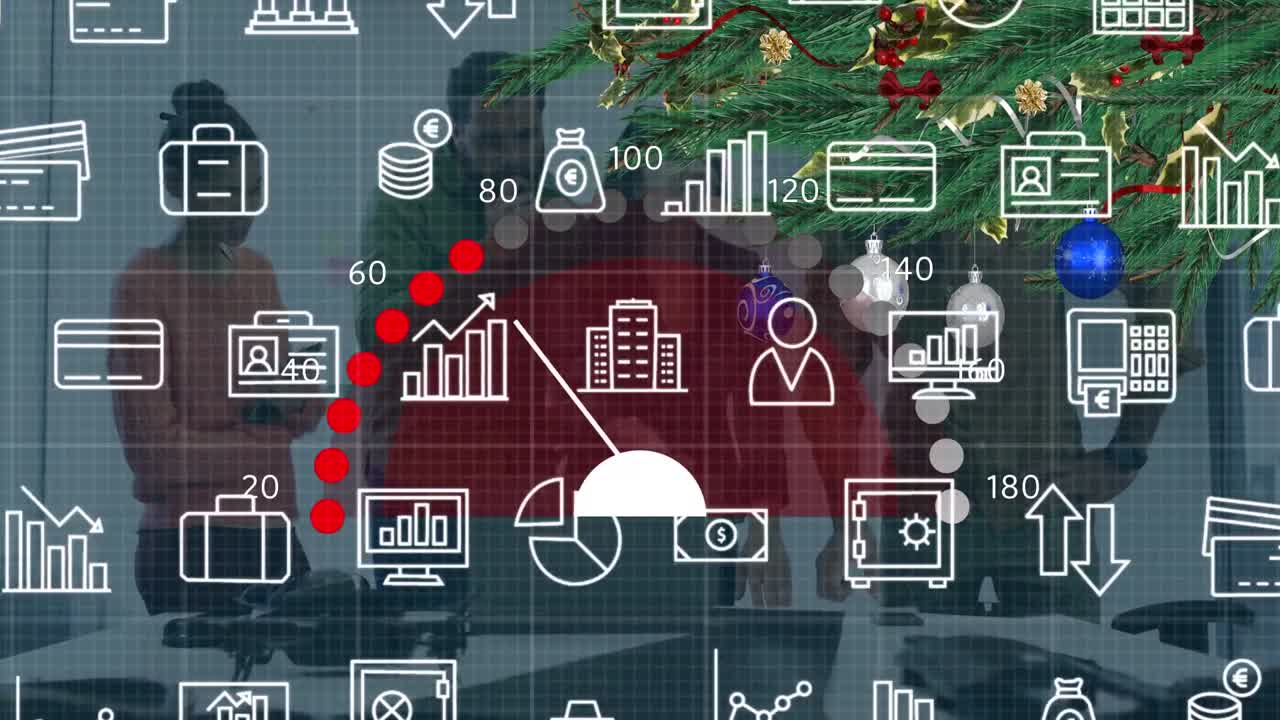 animación de procesamiento de datos e iconos de negocios sobre diversas personas de negocios hablando