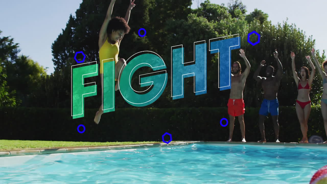 People playing by pool with FIGHT text animation over blue circles