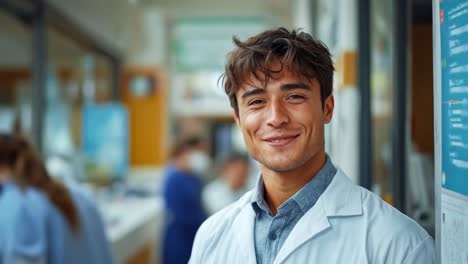 a smiling young man in a lab coat in a laboratory setting