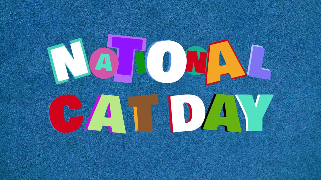 파란색 배경 위에 있는 국가 고양이의 날 텍스트의 애니메이션