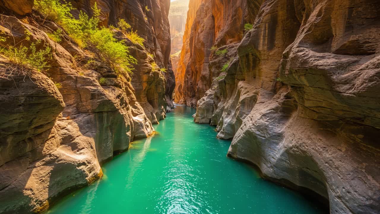 Vista mozzafiato di un fiume sereno che serpeggia tra maestose formazioni rocciose durante l'ora d'oro in un paesaggio canyon.