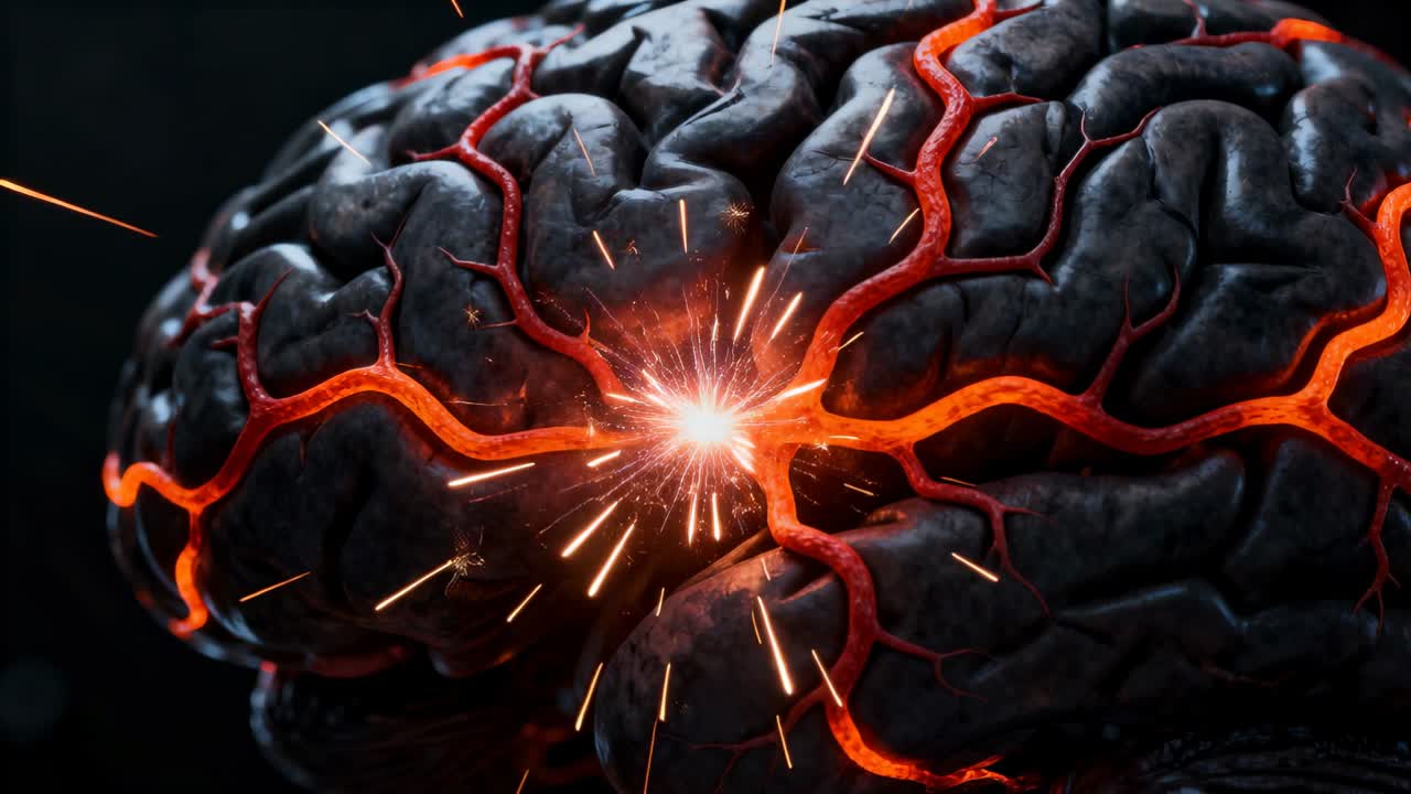 Organo cerebrale pulsante, scintille di accensione, vene incandescenti con scintille che si diffondono per le neuroscienze.