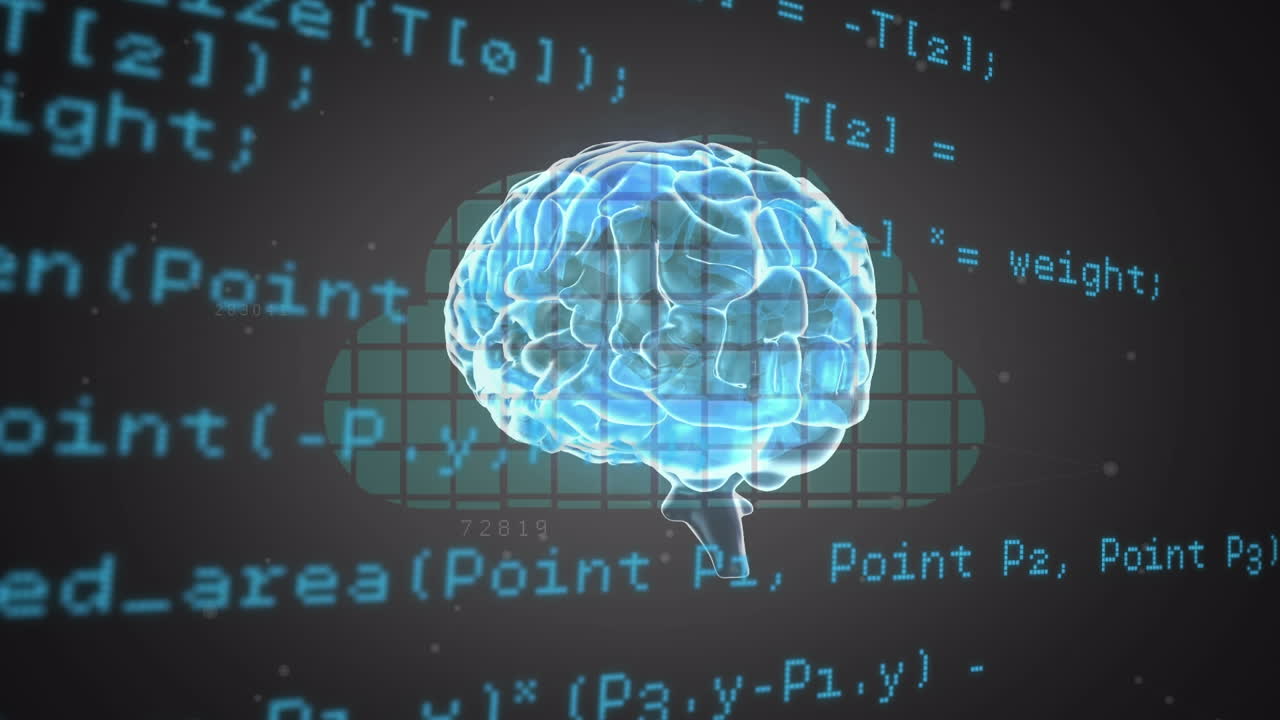 어두운 배경 위에 데이터 처리와 인간의 뇌의 애니메이션