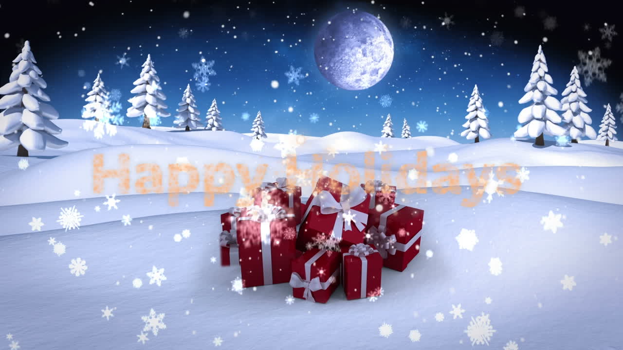 선물과 함께 행복한 휴일과 밤 겨울 풍경 위에 내리는 눈의 애니메이션