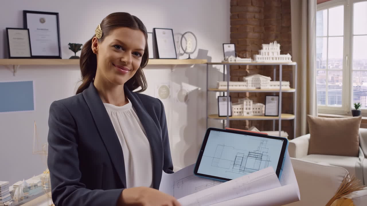 Female Architect Reviewing Blueprints and Digital Plans in Her Office