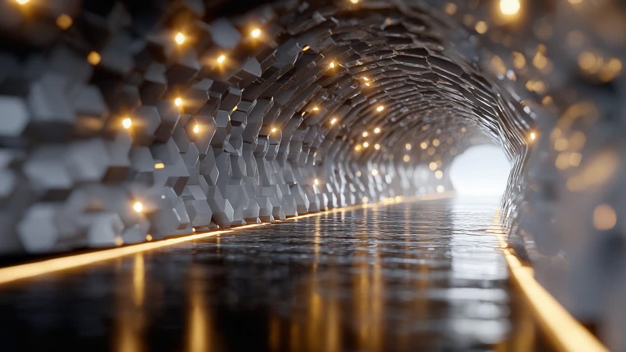 Illuminated Hexagonal Tunnel: A Journey Through a Stunningly Reflective Passageway with Soft Lighting and Contemporary Design Elements