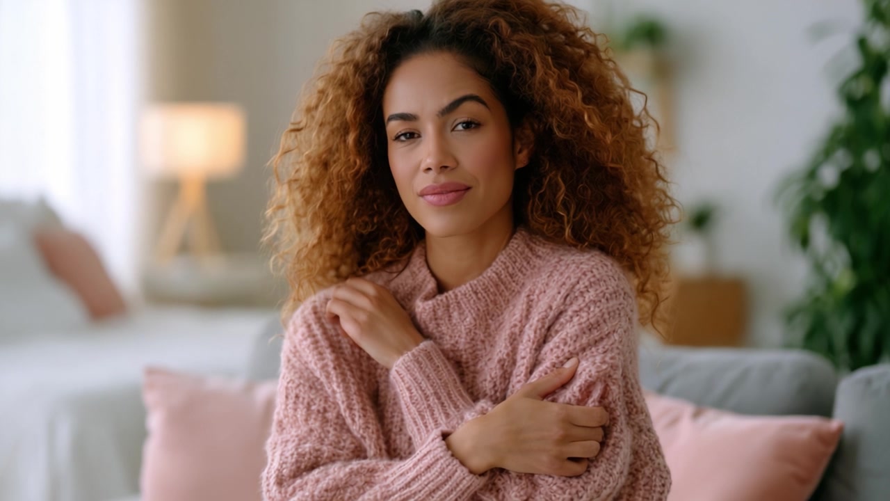 A Confident Young Woman in a Cozy Sweater Smiling Warmly at the Camera, Exuding Comfort and Joy in a Bright and Inviting Living Space