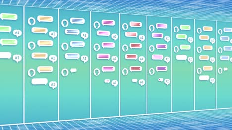 Animation of ai bot conversations on speech bubbles over servers on blue background