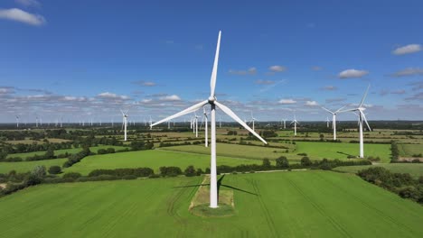 wind turbines farming wind energy, green fields, blue sky, countryside, sunny, green sustainable power, renewable power source