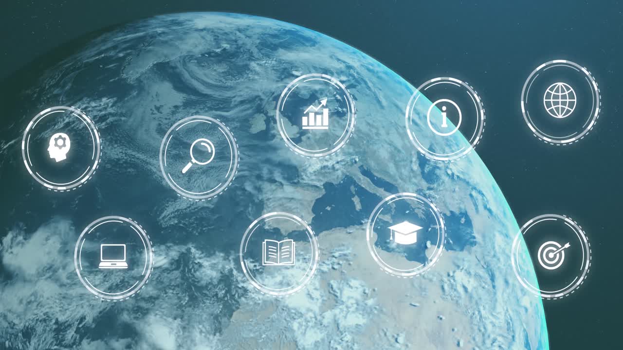 검은 바탕에 전 세계에 있는 아이콘의 애니메이션.