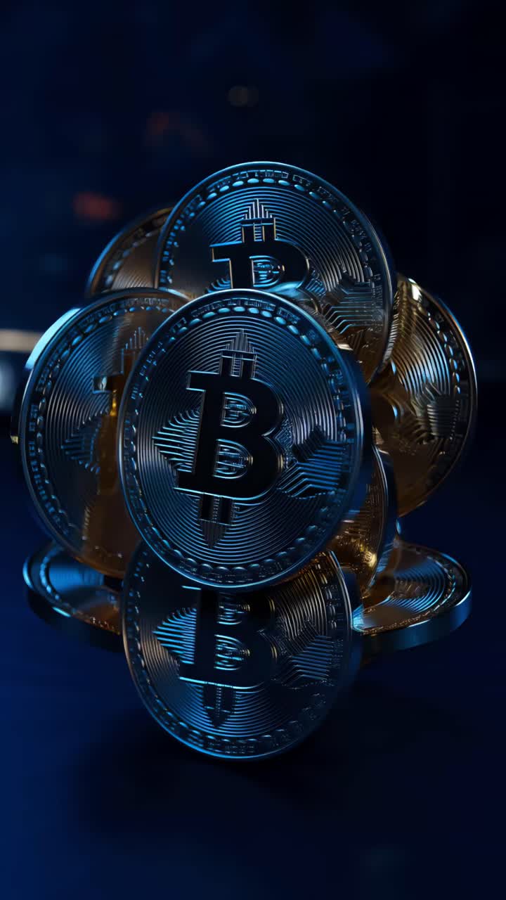Animazione rotante di Bitcoin dorato su sfondo scuro, criptovaluta cinematografica 4K.