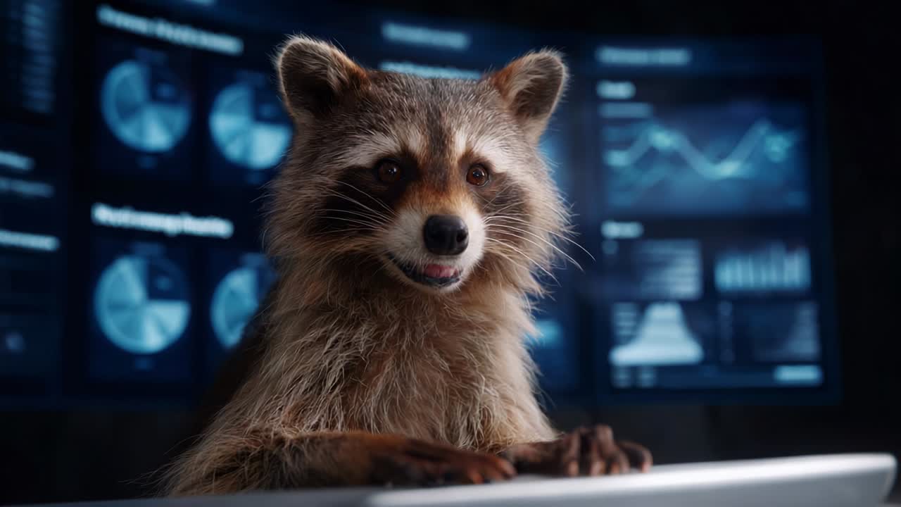 A charming raccoon, full of character, gazes curiously at the screen, highlighting an adorable blend of nature and technology in a vibrant, data-rich environment featuring various graphical elements
