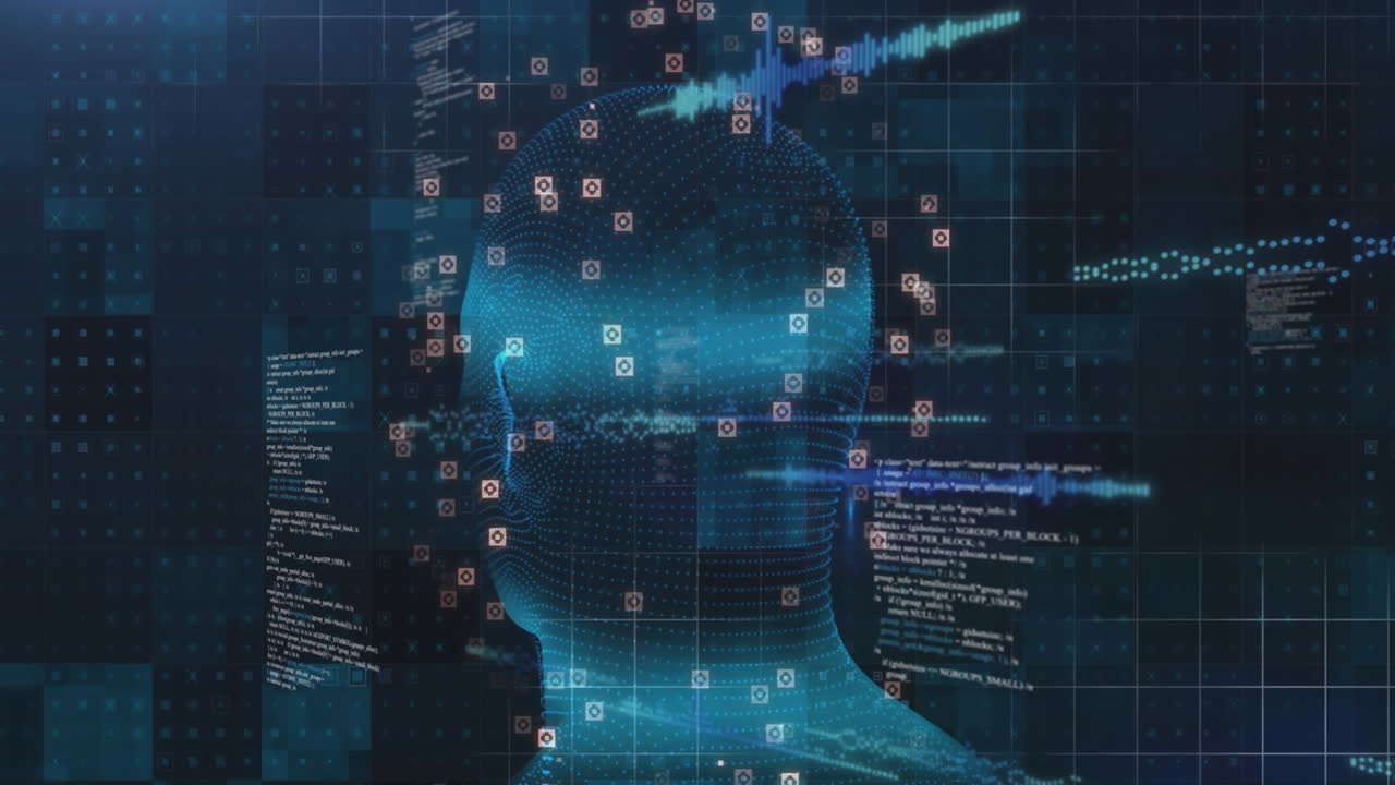 Animation of network of digital icons and data processing against spinning human head model