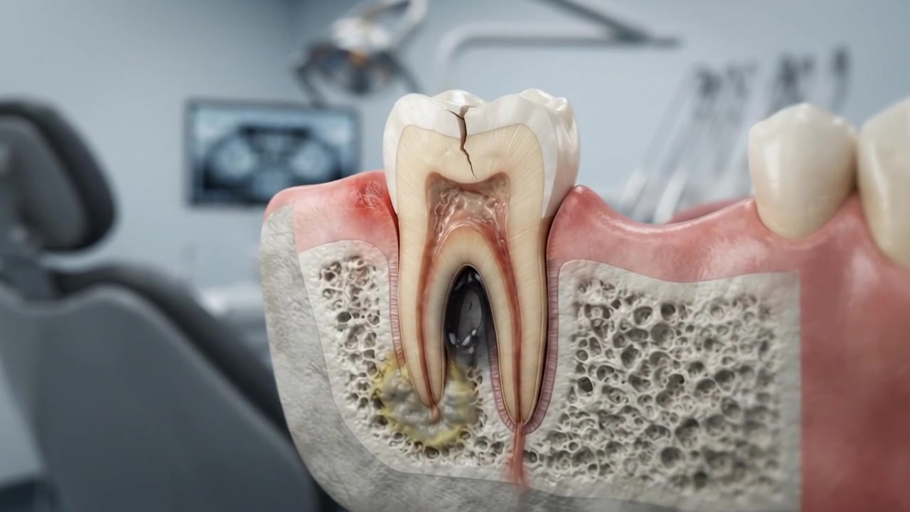 Dentist examining a tooth model during laboratory research inside a modern professional medical environment