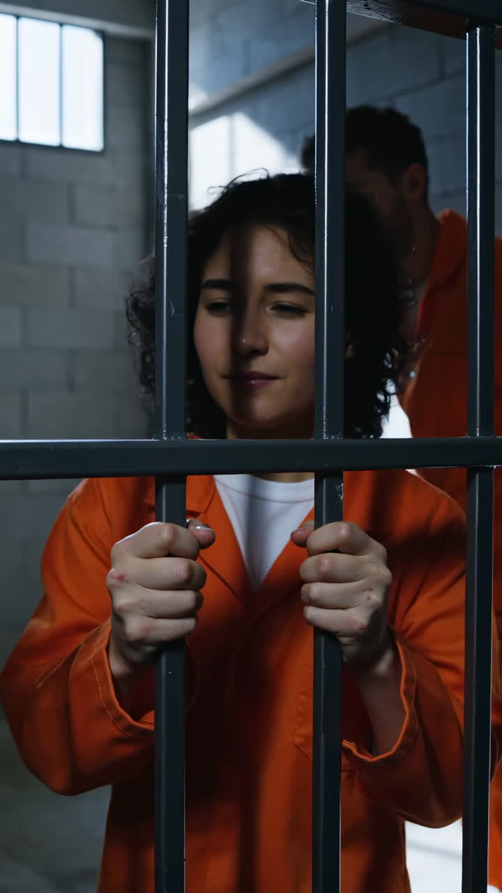 Inmates in Orange Jumpsuits Behind Prison Bars