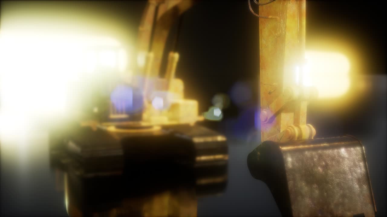 밝은 불빛으로 어두운 곳에 있는 발굴기