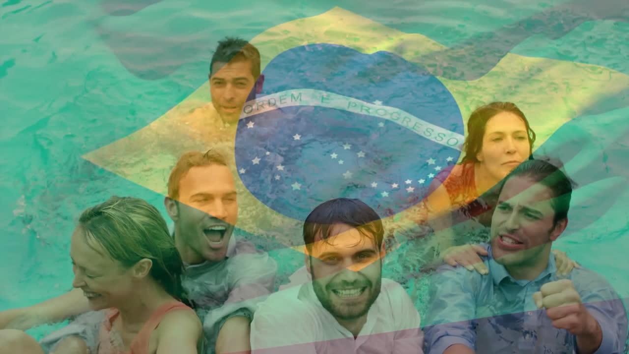 Swimming in water, friends with Brazil flag animation overlay, having fun together