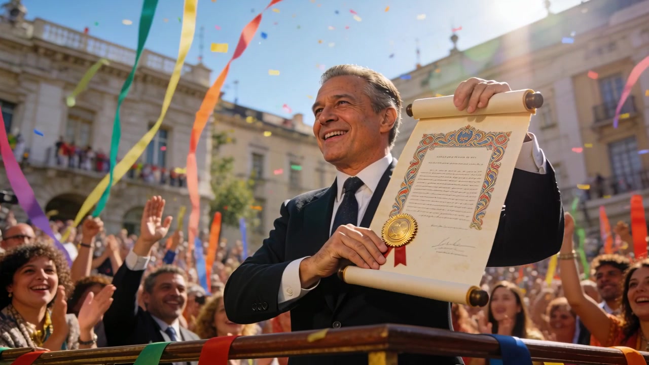 Uomo in abito che saluta, tenendo una pergamena ornata con un sigillo d'oro, mentre risponde agli applausi della folla in una piazza illuminata dal sole.