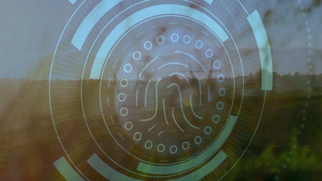 Sun flare peeking through grasses activating digital interface expanding rings scanning fingerprint