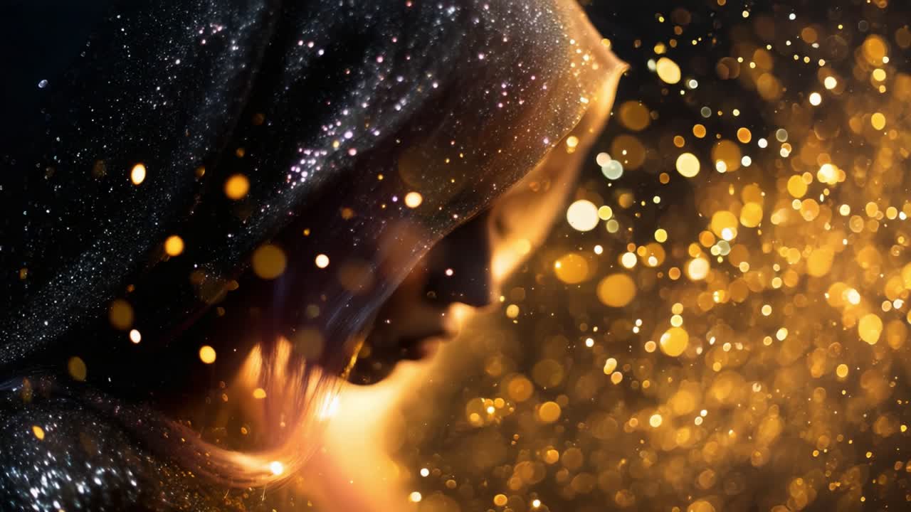 A mesmerizing figure shrouded in shimmering sparkles and golden light, capturing an ethereal essence that combines mystery, beauty, and a dreamlike atmosphere in a stunning visual experience