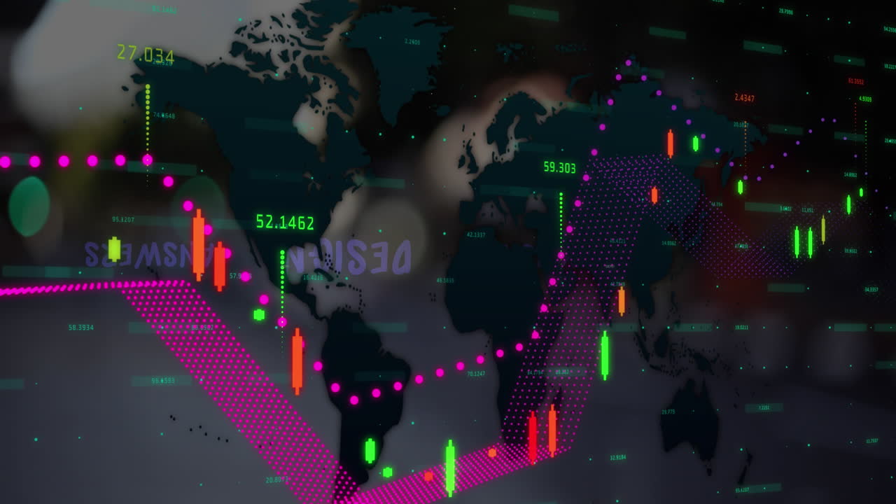 Animation of graphs, map with responsive, design, answer text over defocused cars moving on street