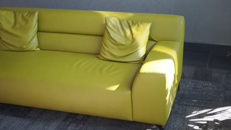 sofá verde con almohadas en una sala de estar moderna