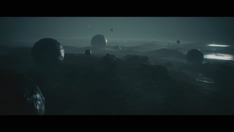 alien planet desert landscape at night with strange sphere-shaped buildings