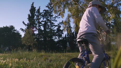 Aufnahmen-Eines-Fünfjährigen-Kaukasischen-Jungen,-Der-Mit-Seinem-Fahrrad-Auf-Den-Feldern-Einen-Unfall-Hat-Und-Das-Fahrradfahren-Lernt,-Mittlere-Rückansicht-4k