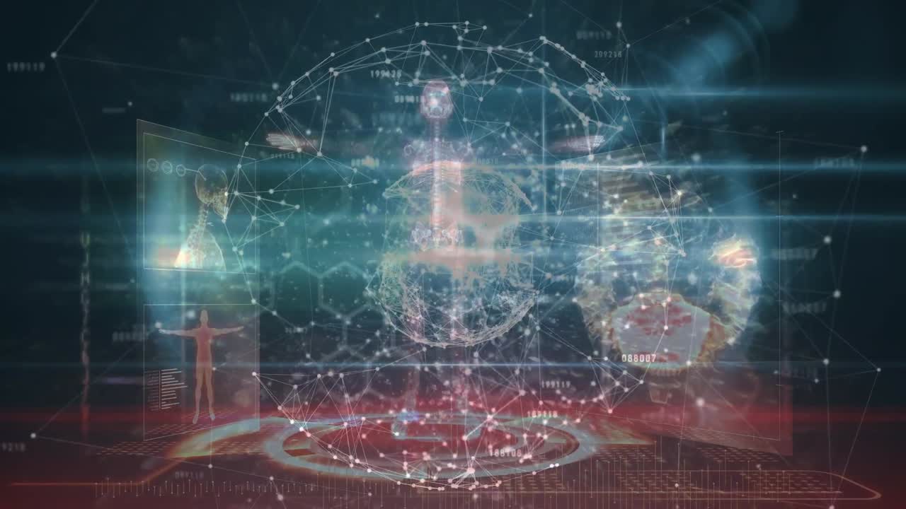 animación de conexiones y datos diversos en pantalla digital en espacio negro y rojo